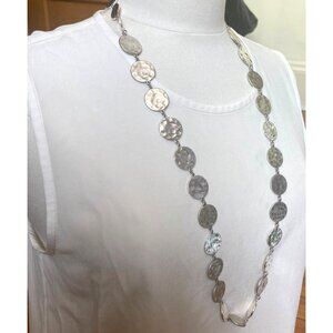 Chicos Silver Tone Hammered Discs Necklace Textured Boho Neutral Long Length